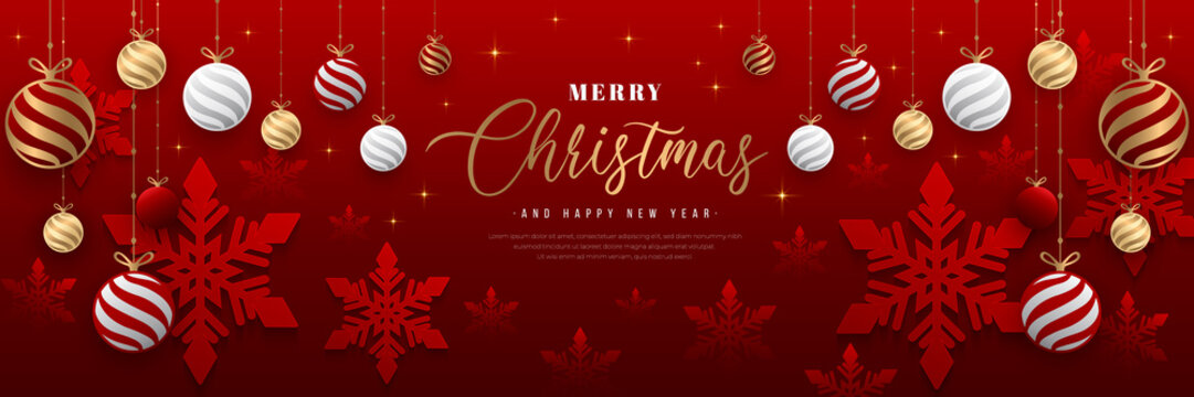 Merry christmas and happy new year horizontal banner. Luxury and elegant red background with snowflake decoration, gold balls hanging on ribbon. Suit for poster, cover, website, header, greeting card