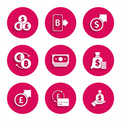 Set Stacks paper money cash, Credit card, Hand holding bag, Money, Financial growth pound, Cryptocurrency exchange, dollar and Currency icon. Vector