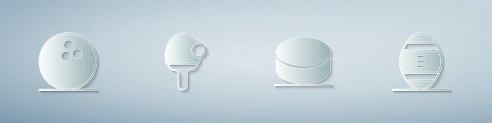 Set Bowling ball, Racket, Hockey puck and American Football. Paper art style. Vector