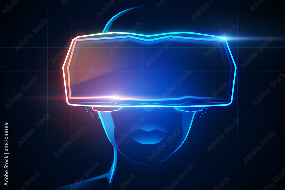 Poster Abstract hologram of digital head with VR glasses on dark background. Virtual reality and technology concept. 3D Rendering.