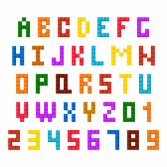 Plastic construction blocks font, alphabet letters and numbers