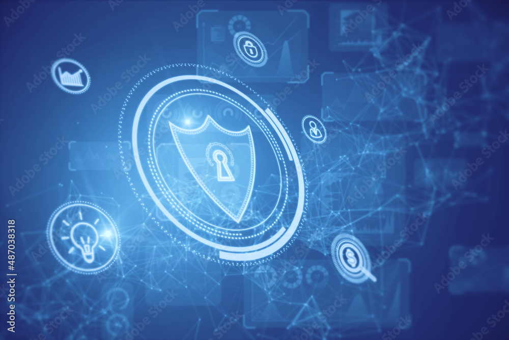 Poster abstarct glowing protection shield with polygonal mesh connections and business icons. safety, secur