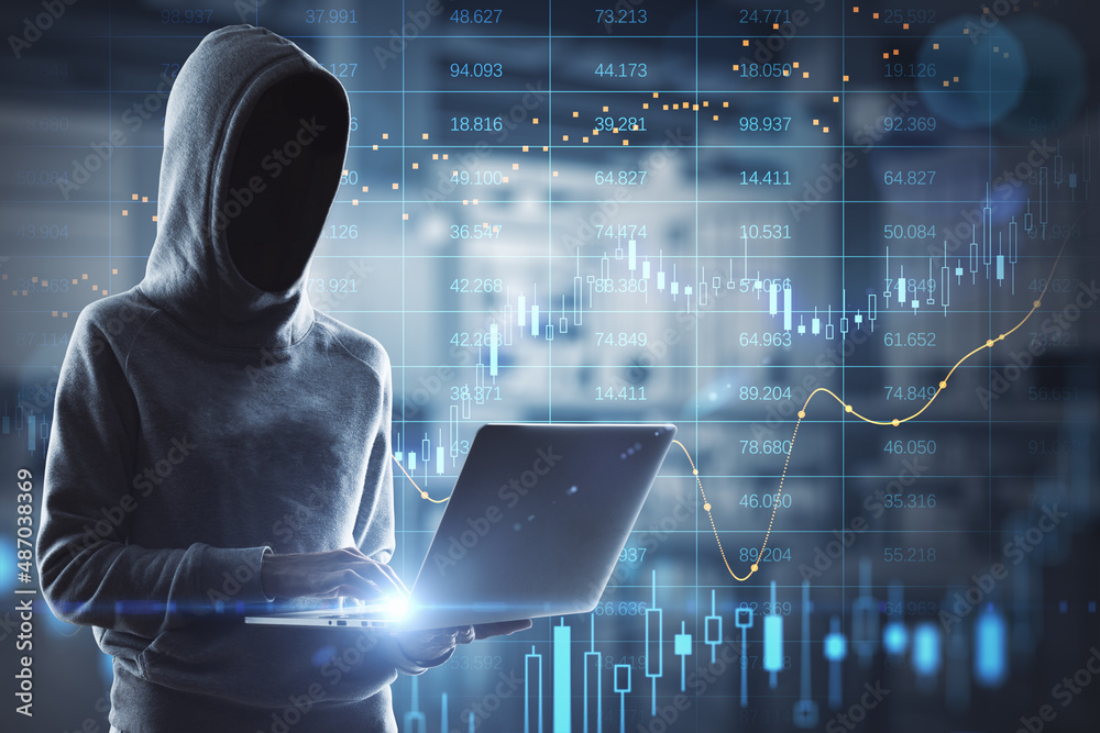 Poster hacker in hoodie using laptop with abstract glowing big data forex candlestick chart on blurry backg