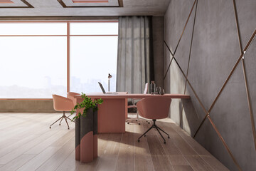 Modern luxury designer workplace with furniture, decorative plant and window with city view. 3D Rendering.