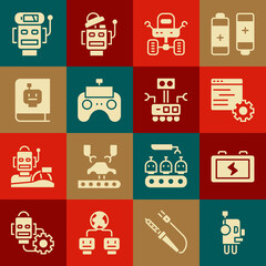 Set Robot, Battery, Computer api interface, Mars rover, Remote control, User manual, low battery charge and icon. Vector