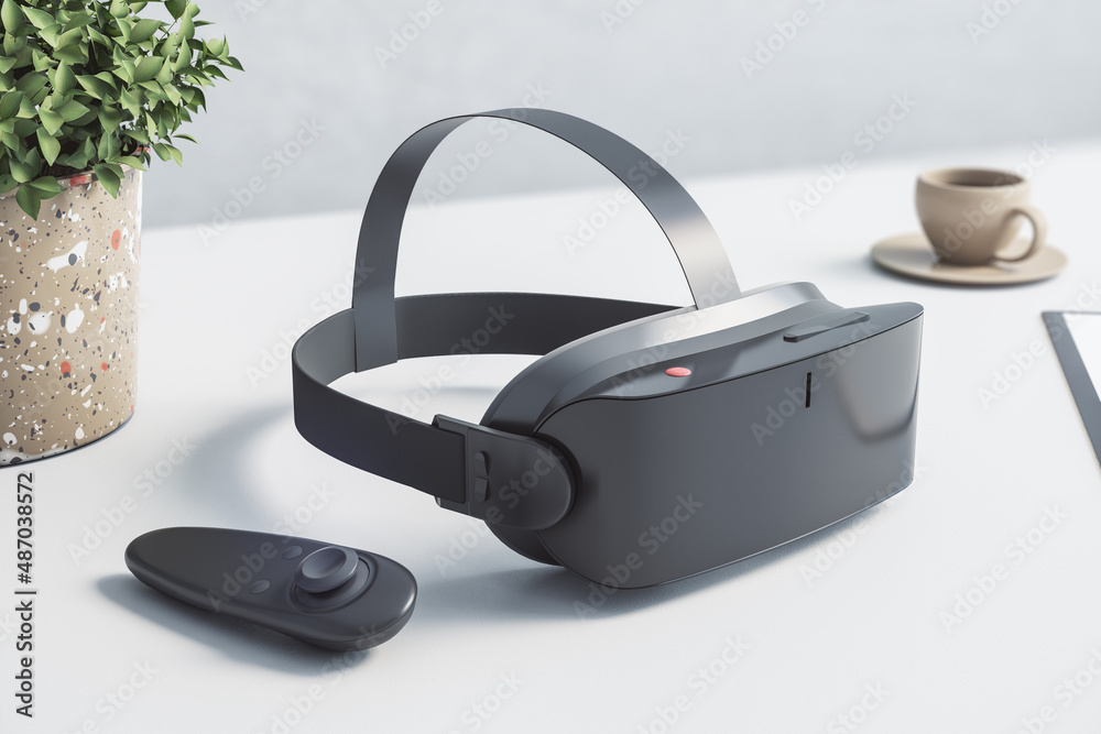 Poster close up of vr glasses on blurry white office desktop with plant and coffee cup. augmented reality a