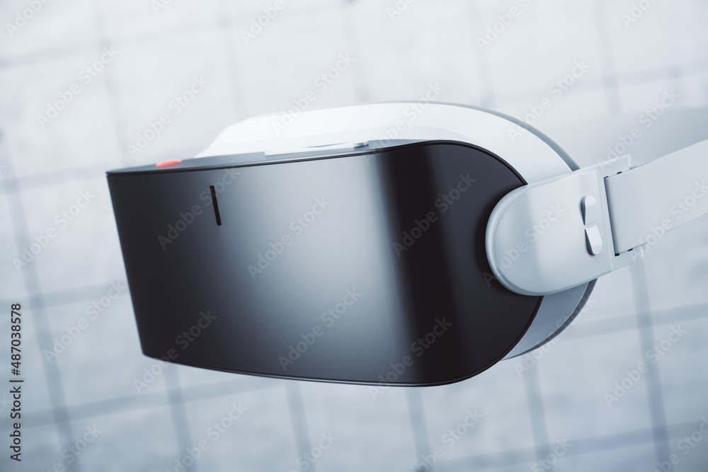 Aufkleber Close up of virtual reality glasses on abstract blurry backdrop. Headset and gadget concept. 3D Rendering.