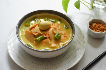 a bowl of bamboo shot cooked in curry or opor rebung in Bahasa 