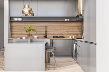 Modern concrete and wooden kitchen interior with blank mock up place, daylight, furniture and island. Design concept. 3D Rendering. - obrazy, fototapety, plakaty