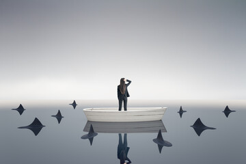 Thoughtful young businesswoman on boat standing and looking at surrounding sharks. Mock up place on sky background. Boss and risk concept.