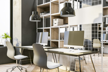 Side view on cozy stylish workplaces background with wooden racks and cell partition, computers on glossy tables and light parquet floor. 3D rendering