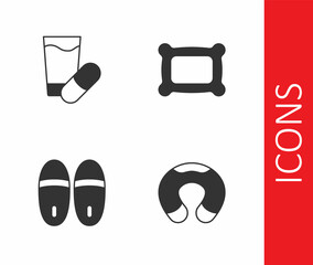 Set Travel neck pillow, Sleeping, Slippers and Pillow icon. Vector