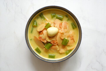 a bowl of bamboo shot cooked in curry or opor rebung in Bahasa 