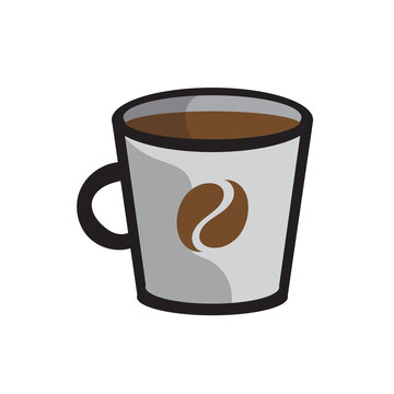 Coffee in a gray cup with a coffee bean image on the side of the cup. Simle cartoon vector illustration isolated on white background.