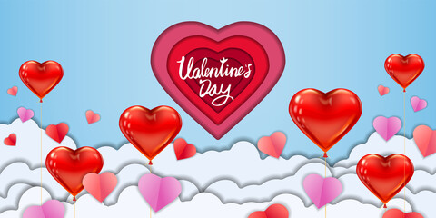 Valentine day papercut craft design horizontal banner, red pink balloon hearts and clouds. Template background for greeting card, sale, invitation, vector