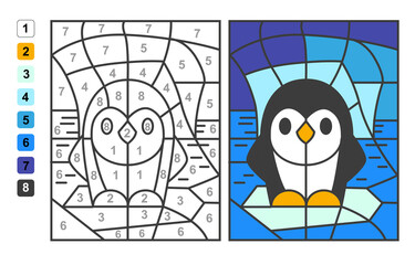 Color by numbers penguin on an iceberg. Puzzle game for children education, colors for drawing and learning mathematics - obrazy, fototapety, plakaty