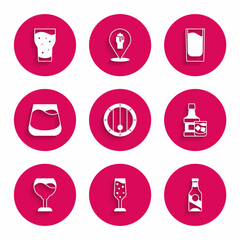 Set Wooden barrel, Glass of champagne, Beer bottle, Whiskey and glass, Wine, whiskey, Shot and beer icon. Vector
