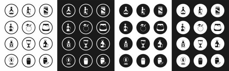 Set Beer can, Coconut cocktail, Wine bottle with glass, Bottle of cognac or brandy, Glass whiskey, Champagne, vodka and Whiskey icon. Vector