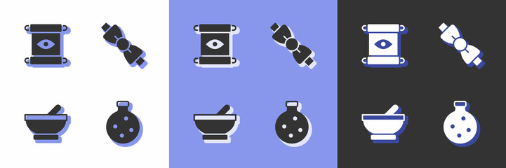 Set Bottle with potion, Magic scroll, Witch cauldron and Bow tie icon. Vector