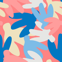 Seamless pattern with hand drawn abstract pastel flower blooms on pink background for surface design, craft, apparel, home decor and other design projects