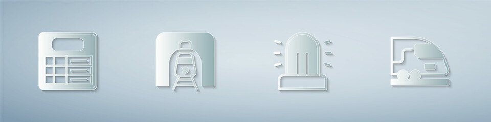 Set Train station board, railway tunnel, Flasher siren and High-speed train. Paper art style. Vector