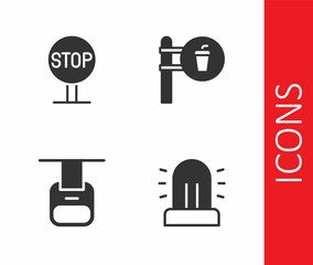 Set Flasher siren, Stop sign, Cable car and Cafe and restaurant location icon. Vector
