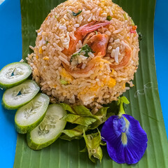 Delicious looking Prawn Shrimp fried rice Thai Dish with vegetables Phuket Thailand