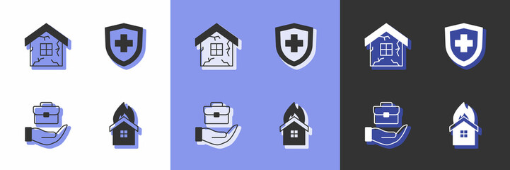 Set Fire in burning house, House, Hand holding briefcase and Life insurance with shield icon. Vector