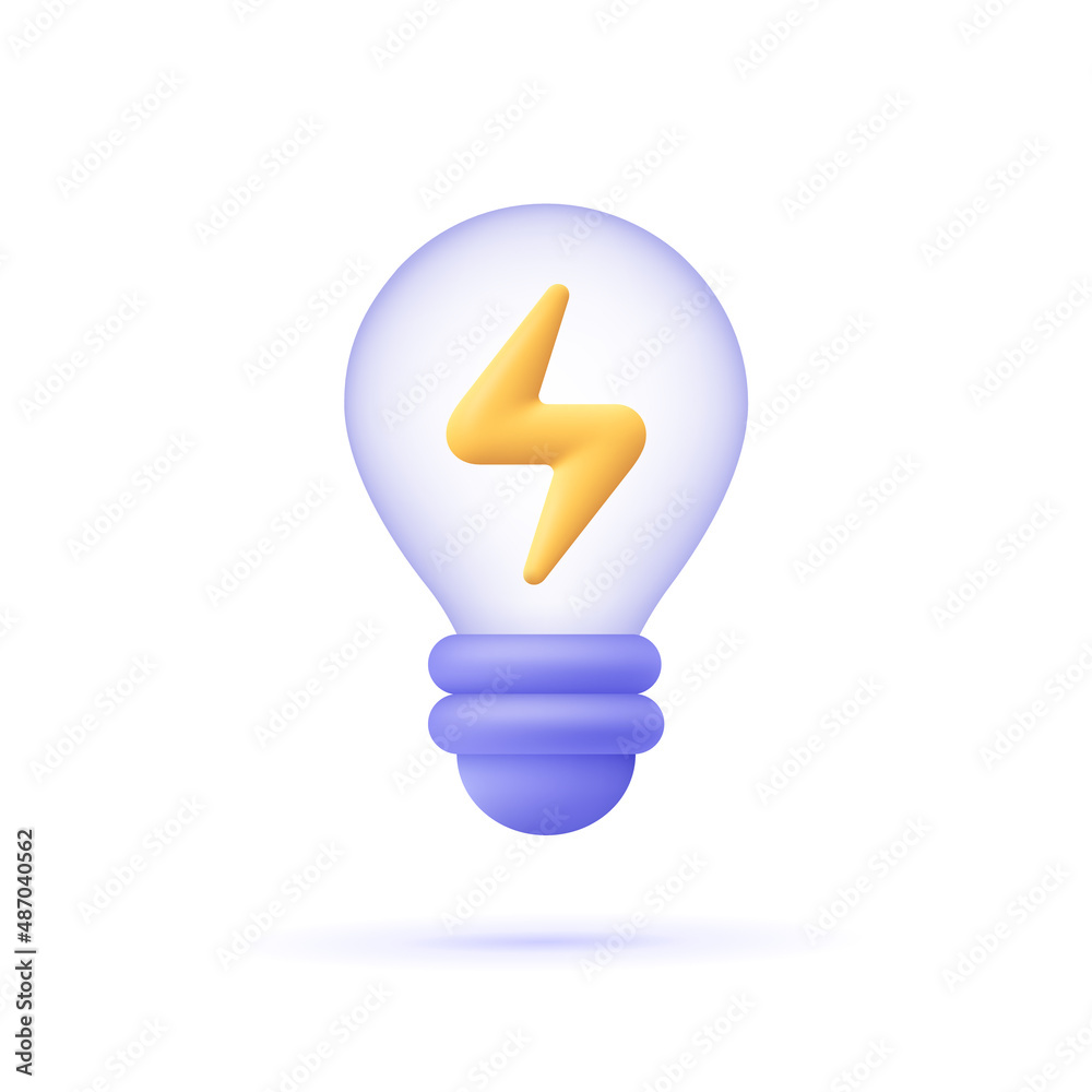 Sticker light bulb with lightning symbol. electricity and energy. 3d vector icon. cartoon minimal style.