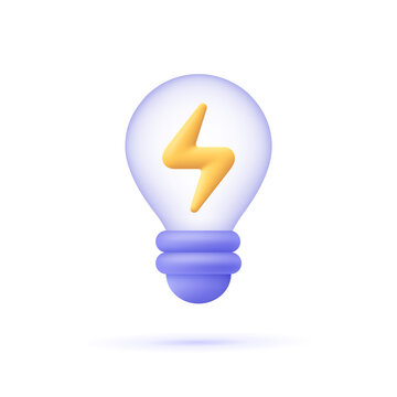 Light bulb with lightning symbol. Electricity and energy. 3d vector icon. Cartoon minimal style.