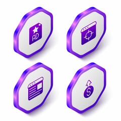 Set Isometric Advertising, Target financial goal, and Financial growth dollar icon. Purple hexagon button. Vector