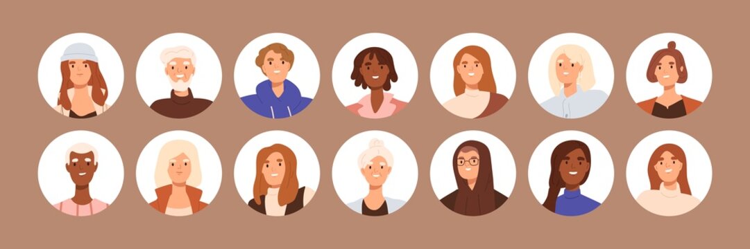 Circle Avatars Of Different People. Head Portraits Set. Diverse Men And Women Faces. Round User Profiles Of Various Race, Age. Young And Old Characters Collection. Isolated Flat Vector Illustrations