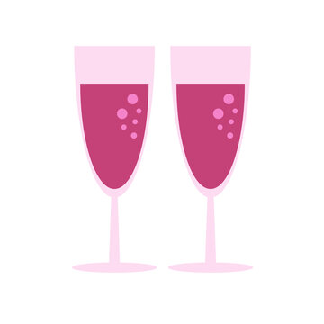 Two glasses of pink champagne or wine. Vector image in flat style. Valentines day greeting card. Elements on white