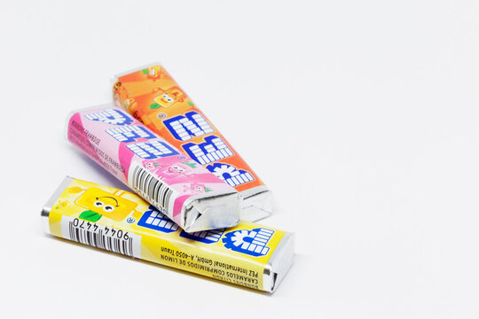 Umea, Norrland Sweden - March 5, 2020: three unopened PEZ packages with sweets