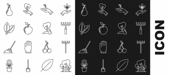Set line Trees, Garden rake, Sprout in hand of environmental protection, Apple, Leafs, Pear and Watering icon. Vector