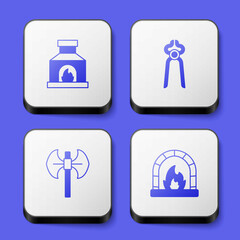 Set Blacksmith oven, pliers tool, Medieval poleaxe and icon. White square button. Vector