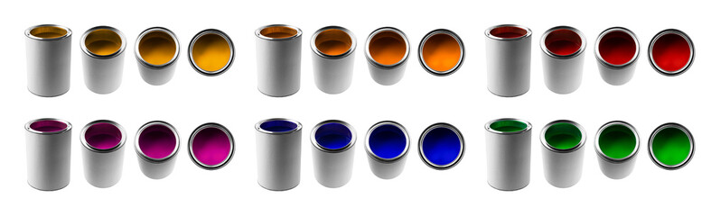 Cans with different colors of paints in different angles on a white background