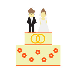 Wedding cake with decoration and bride and groom figurines isolated on a white background. Wedding pie. Vector illustration