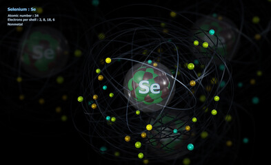 Atom of Selenium with detailed Core and its 34 Electrons with Atoms