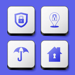 Set Shield security with lock, Lock, Umbrella and House under protection icon. White square button. Vector