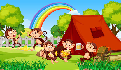 Camping scene with little monkeys doing different activities