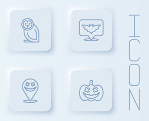 Set line Owl bird, Flying bat, Happy Halloween holiday and Pumpkin. White square button. Vector