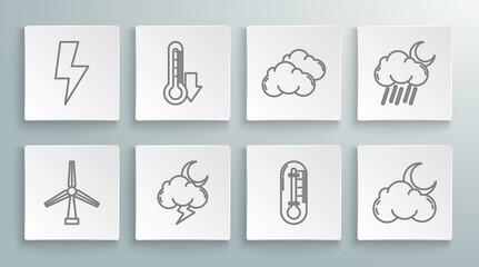 Set line Wind turbine, Thermometer, Storm, Cloud with moon and stars, rain and Lightning bolt icon. Vector