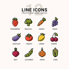 Set with 12 colorful line icons. Food. Flat style. Vector illustration.