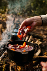 Campfire cooking meat. Bakedlamb shoulder in the camp oven