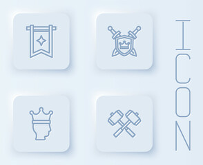 Set line Medieval flag, Shield with swords, King crown and Crossed battle hammers. White square button. Vector