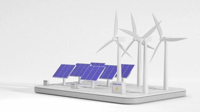 Isometric 3d render, wind turbines in motion, solar panels and battery bank on white background, angle view. Alternative renewable power generation, electricity production, green energy concept
