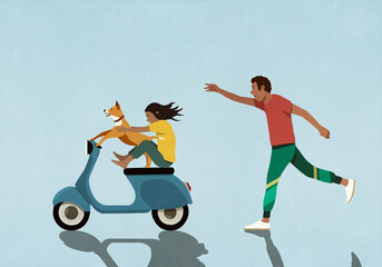 Man chasing after girl and dog riding motor scooter

