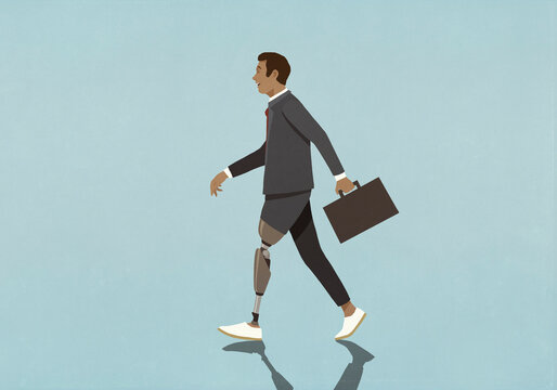 Businessman with prosthetic leg walking with briefcase
