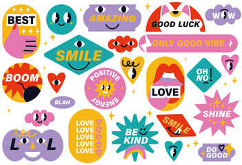 Fototapeta premium Vector illustration set of positive and funny stickers, pins or patches with motivation phrases.